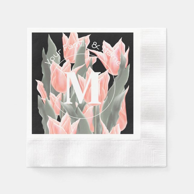 Elegant Family Name Monogram Peach Tulips Painting Napkins (Front)