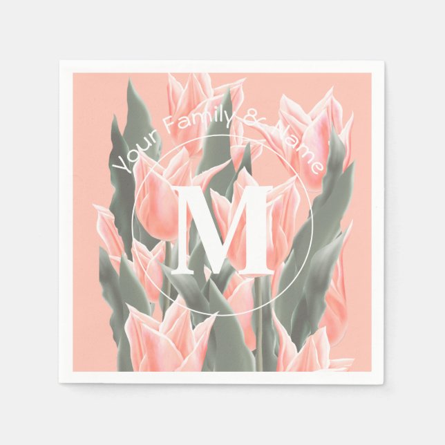 Elegant Family Name Monogram Peach Tulips Painting Napkins (Front)