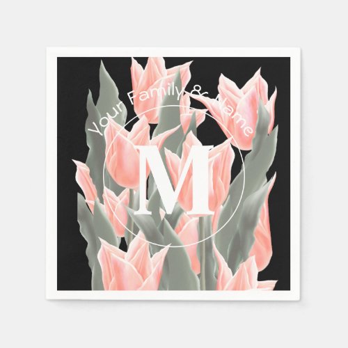 Elegant Family Name Monogram Peach Tulips Painting Napkins