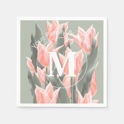 Elegant Family Name Monogram Peach Tulips Painting Napkins