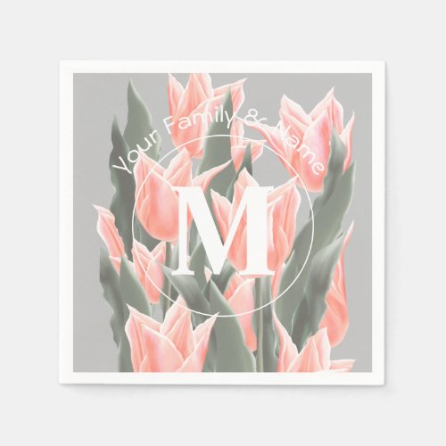 Elegant Family Name Monogram Peach Tulips Painting Napkins