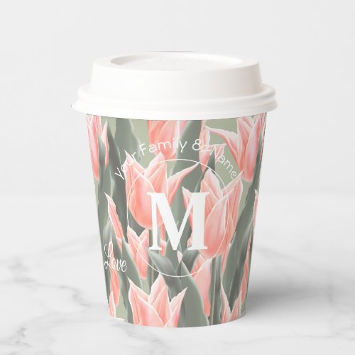 Elegant Family Name Monogram Peach Tulips Painting Paper Cups