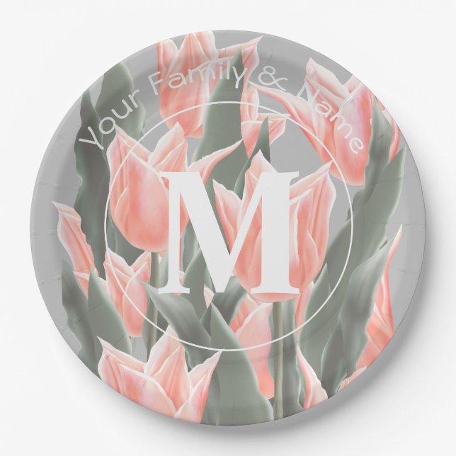 Elegant Family Name Monogram Peach Tulips Painting Paper Plates (Front)