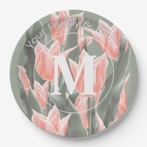 Elegant Family Name Monogram Peach Tulips Painting Paper Plates