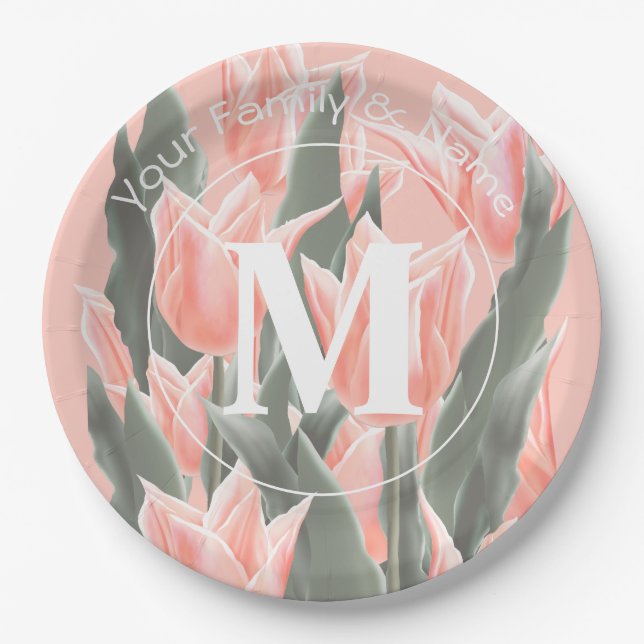 Elegant Family Name Monogram Peach Tulips Painting Paper Plates (Front)