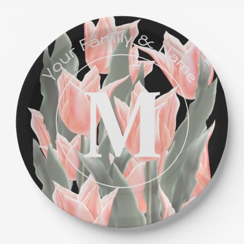 Elegant Family Name Monogram Peach Tulips Painting Paper Plates
