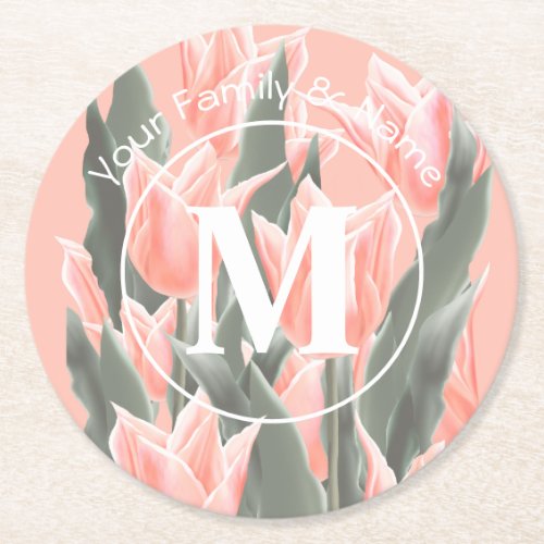 Elegant Family Name Monogram Peach Tulips Painting Round Paper Coaster