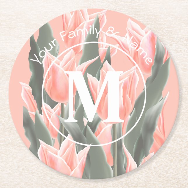 Elegant Family Name Monogram Peach Tulips Painting Round Paper Coaster (Front)