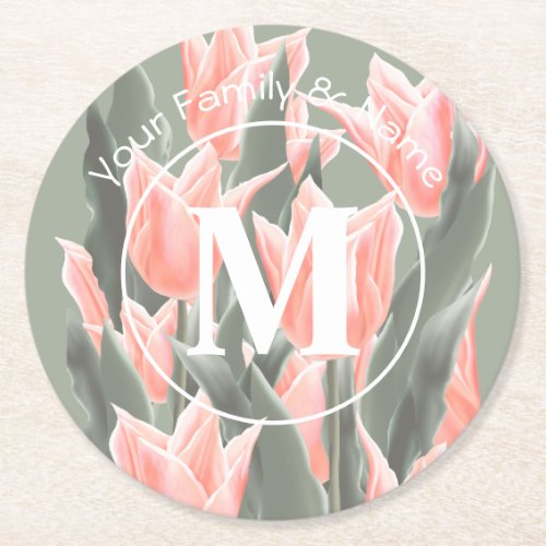 Elegant Family Name Monogram Peach Tulips Painting Round Paper Coaster