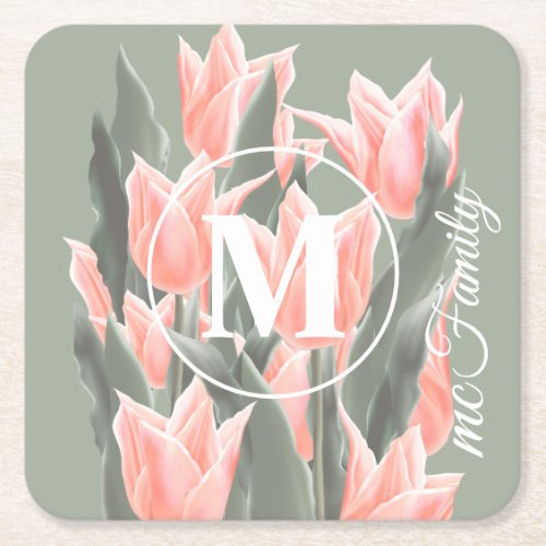 Elegant Family Name Monogram Peach Tulips Painting Square Paper Coaster