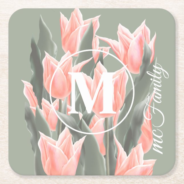 Elegant Family Name Monogram Peach Tulips Painting Square Paper Coaster (Front)