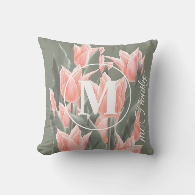 Elegant Family Name Monogram Peach Tulips Painting Throw Pillow (Front)