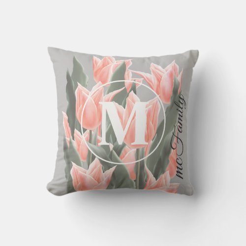 Elegant Family Name Monogram Peach Tulips Painting Throw Pillow