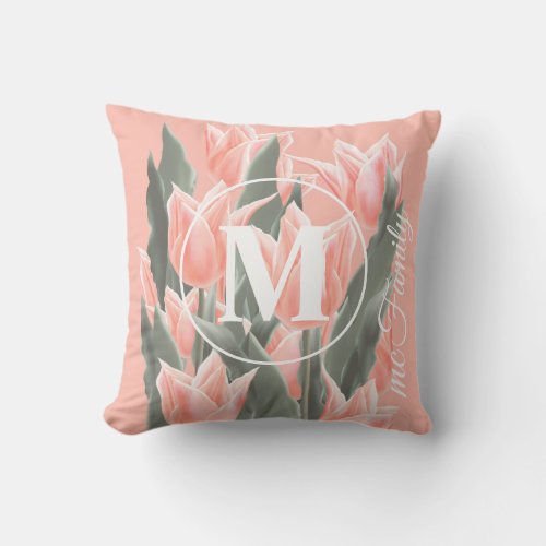 Elegant Family Name Monogram Peach Tulips Painting Throw Pillow