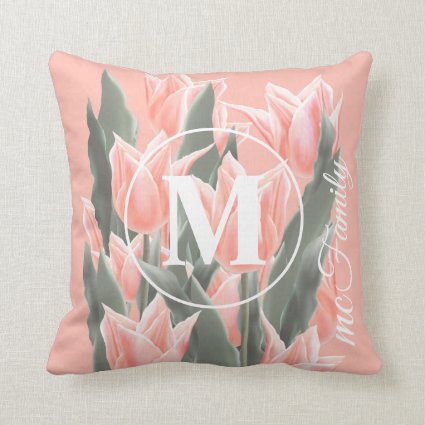 Elegant Family Name Monogram Peach Tulips Painting Throw Pillow