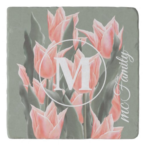 Elegant Family Name Monogram Peach Tulips Painting Trivet