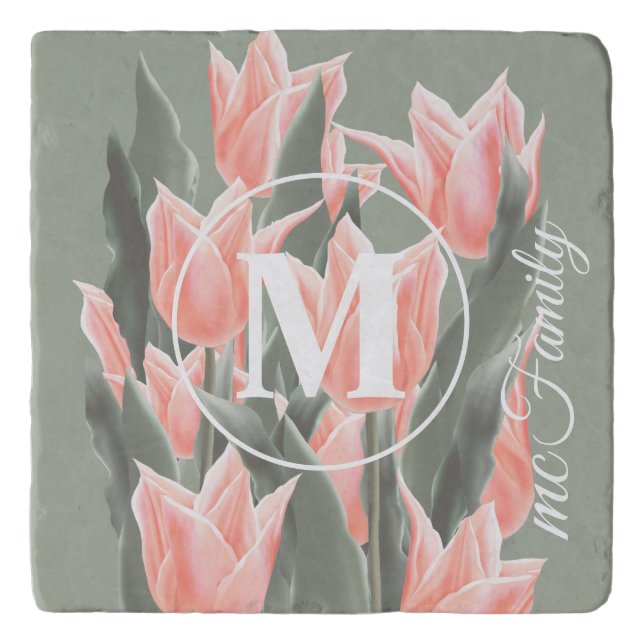 Elegant Family Name Monogram Peach Tulips Painting Trivet (Front)