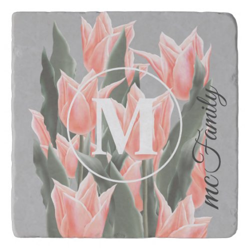 Elegant Family Name Monogram Peach Tulips Painting Trivet