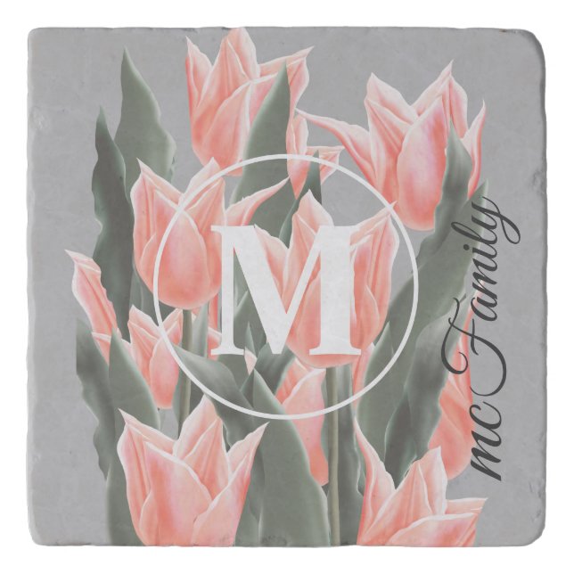 Elegant Family Name Monogram Peach Tulips Painting Trivet (Front)
