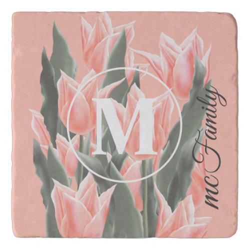 Elegant Family Name Monogram Peach Tulips Painting Trivet