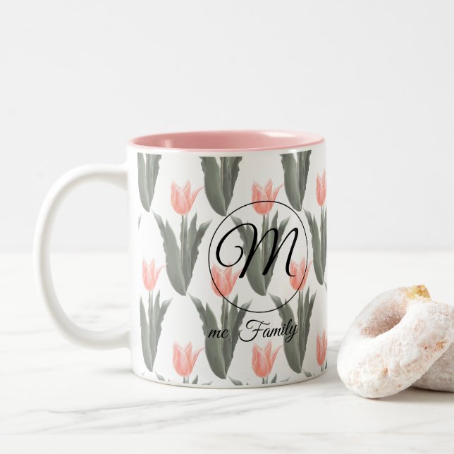 Elegant Family Name Monogram Peach Tulips Painting Two-Tone Coffee Mug (With Donut)