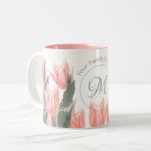 Elegant Family Name Monogram Peach Tulips Painting Two_Tone Coffee Mug