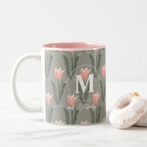 Elegant Family Name Monogram Peach Tulips Painting Two_Tone Coffee Mug