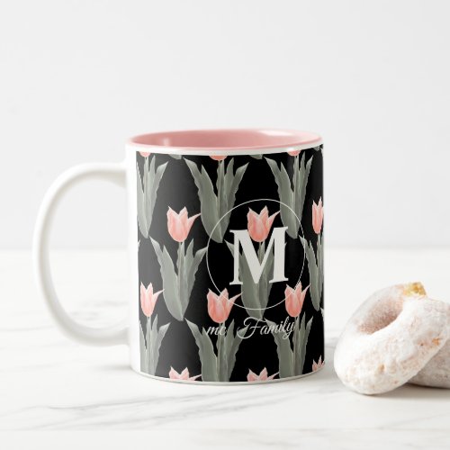Elegant Family Name Monogram Peach Tulips Painting Two_Tone Coffee Mug