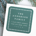 Elegant family name pine green return address square sticker<br><div class="desc">Elegant,  pine green or custom color return address labels featuring your family name in an elegant serif font and the return address below surrounded by a double border.</div>