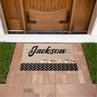 Elegant Family Name Puppies Geometric Entryway  Doormat