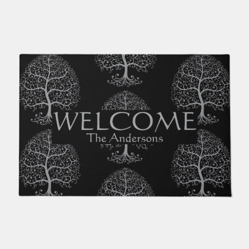 Elegant Family Name Tree Silve Black Personalized  Doormat