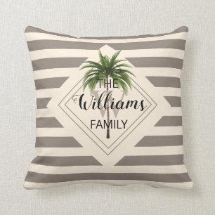 Elegant Family Name Tropical Palm Tree Beige Throw Pillow