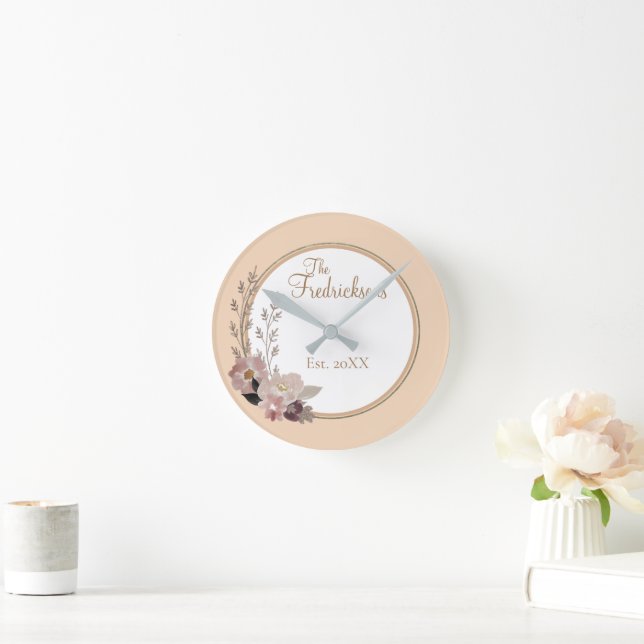Elegant Family Name Watercolor Floral    Round Clock (Home)