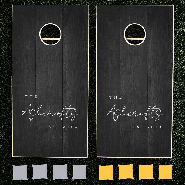Elegant Family Name Wedding Black Wood Anniversary Cornhole Set (Creator Uploaded)