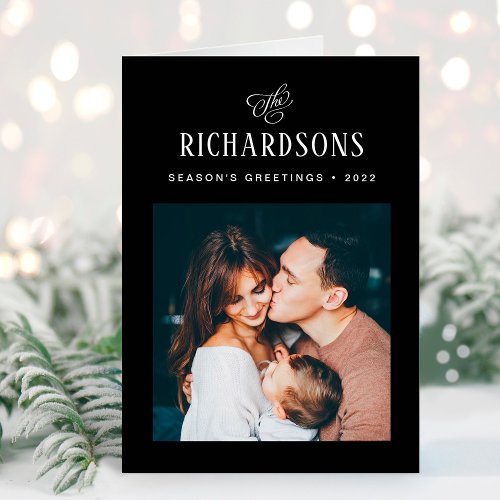 Elegant Family Photo and Name  Seasons Greetings Holiday Card