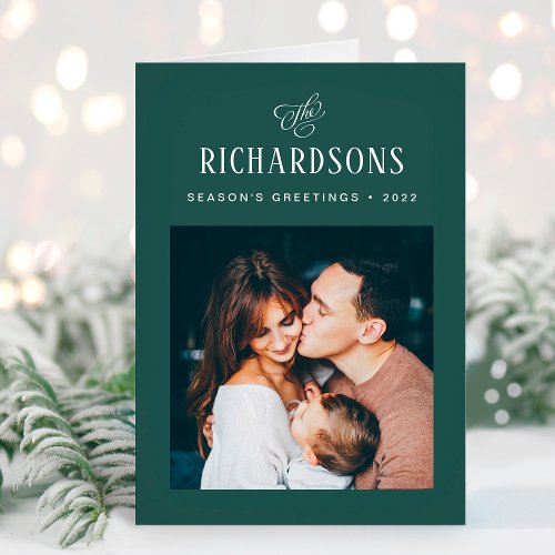 Elegant Family Photo and Name  Seasons Greetings Holiday Card