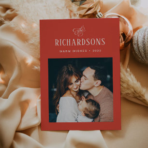 Elegant Family Photo and Name   Warm Wishes Holiday Card