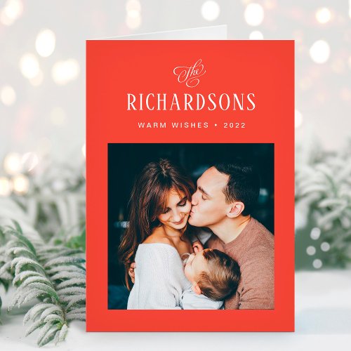 Elegant Family Photo and Name  Warm Wishes Holiday Card