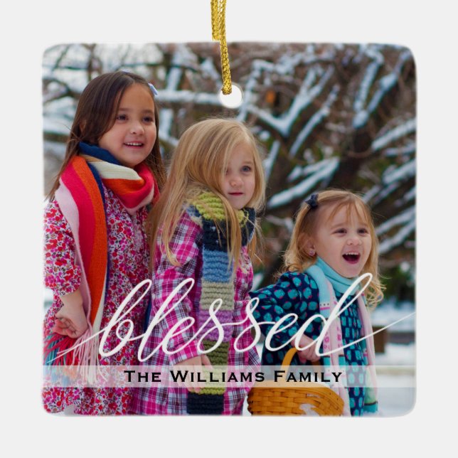 Elegant Family Photo Christmas Winter Ceramic Ornament (Front)