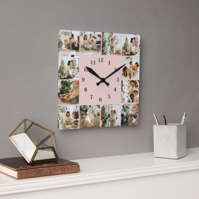 Elegant Family Photo Collage Blush Pink Keepsake Square Wall Clock (Office)