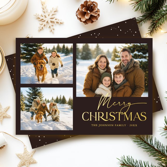 Elegant Family Photo Collage Christmas Black Gold Foil Holiday Card (Elegant modern black and gold foil Merry Christmas family photo card)