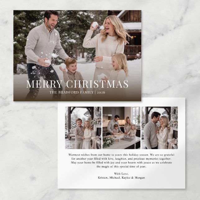 Elegant Family Photo Collage Christmas Card (elegant minimalist horizontal landscape merry christmas photo card with small collage on back)