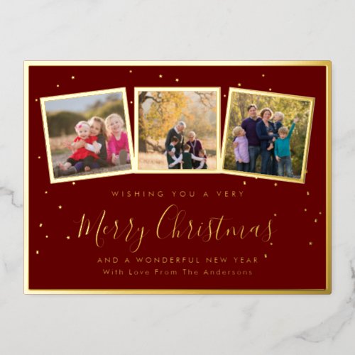 Elegant Family Photo Collage Merry Christmas Red Foil Holiday Postcard