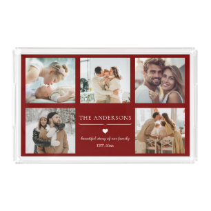 Elegant Family Photo Collage Red Custom Acrylic Tray