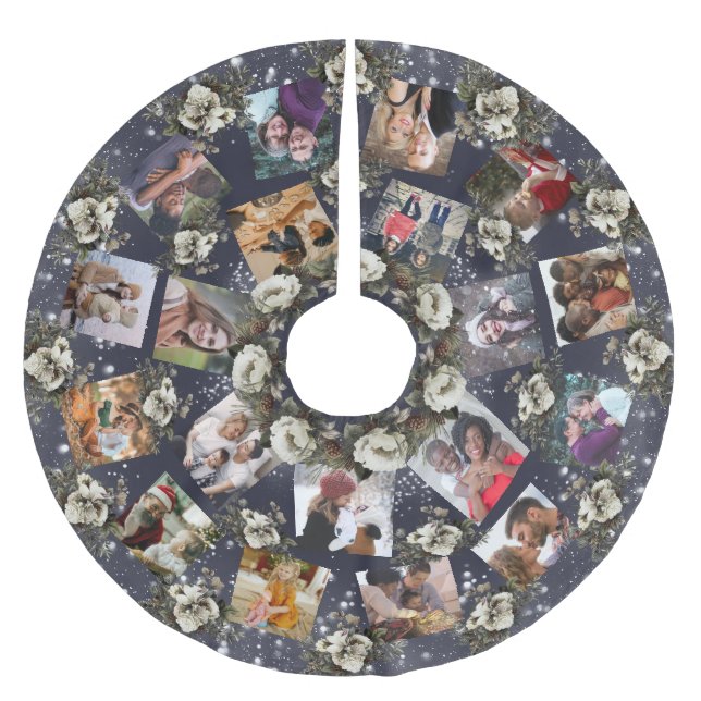 Elegant Family Photo Collage Winter Garden Floral Brushed Polyester Tree Skirt (Front)