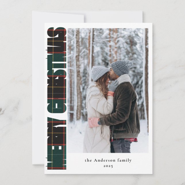 Elegant Family Photo Green Plaid Merry Christmas Holiday Card (Front)