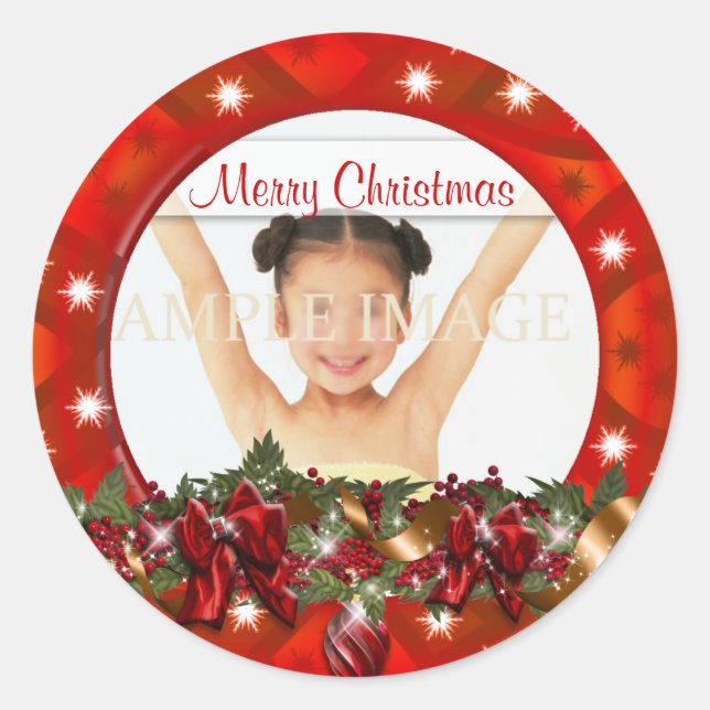 Elegant family photo greeting PERSONALIZE Classic Round Sticker (Front)