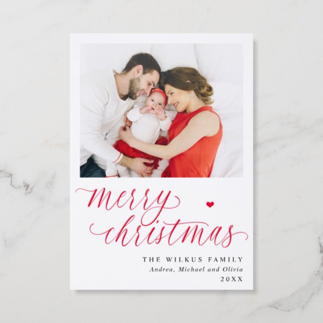 Elegant Family Photo Modern Script Christmas Letterpress Photo Cards (Front)