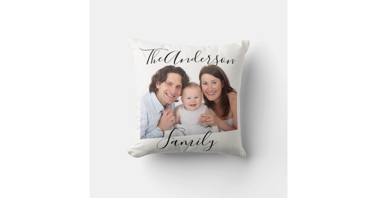 Elegant Family Photo Name Script Throw Pillow | Zazzle