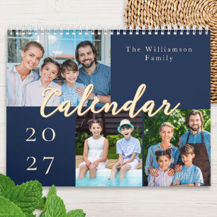 Elegant Family Photo Navy Blue Personalized Wall Calendar